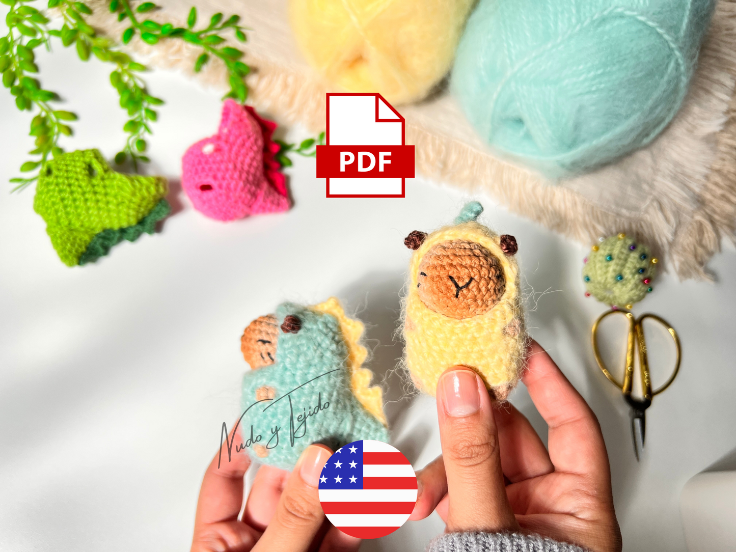 Patrón Disfraz Dinosaurio para Capibara Amigurumi PDF English, Español, Português